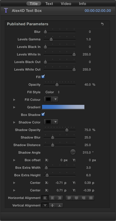 A screenshot of the default settings for the Alex4D Text Box title generator