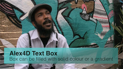 A frame from a Final Cut Pro project showing the application of an instance of the Alex4D Text Box title generator